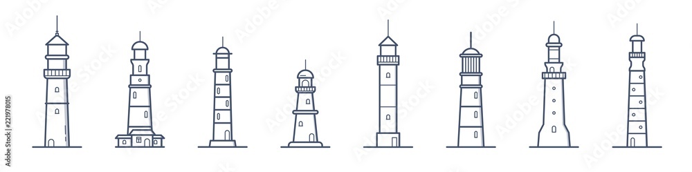 Collection of lighthouses of various types drawn with contour lines on white background. Bundle of coastal towers, buildings or constructions for marine navigation. Monochrome vector illustration.