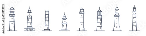 Collection of lighthouses of various types drawn with contour lines on white background. Bundle of coastal towers, buildings or constructions for marine navigation. Monochrome vector illustration.