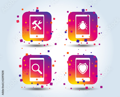 Smartphone icons. Shield protection, repair, software bug signs. Search in phone. Hammer with wrench service symbol. Colour gradient square buttons. Flat design concept. Vector