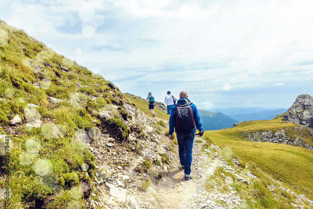 Group of friends hiking in Fagaras Mountains