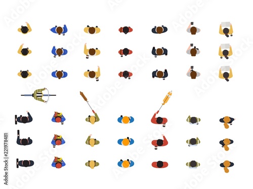 Collection of people walking dog on leash, looking at smartphone, riding bicycle or bike isolated on white background. Top or view from above. Colorful vector illustration in flat cartoon style.