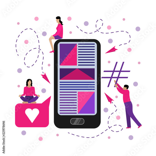 Flat illustration with small people. Social network.
