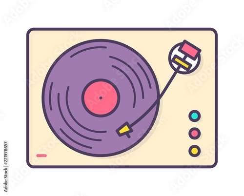 Analog music player, recorder or turntable playing vinyl record isolated on white background