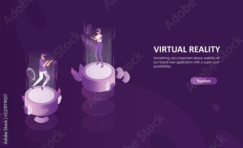 Horizontal web banner template with man and woman wearing virtual reality glasses. Male and female cartoon characters enjoying VR headset effects. Modern colorful isometric vector illustration.