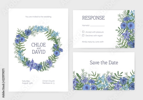 Bundle of romantic wedding invitation, Save The Date and response card templates decorated with blooming wild meadow flowers, flowering plants and herbs. Floral realistic vector illustration.
