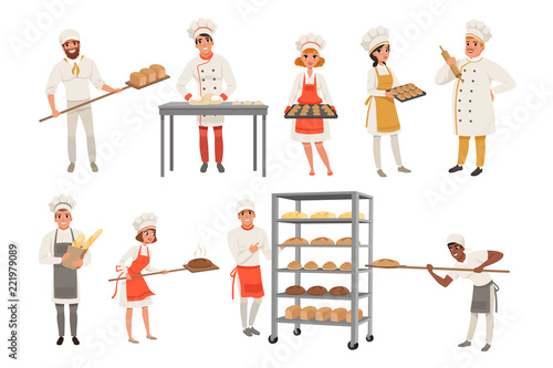 Bakers characters set with bread and cooking tools. Happy people in aprons and hats, young men and women in uniform working in bakery. Vector isolated on white.