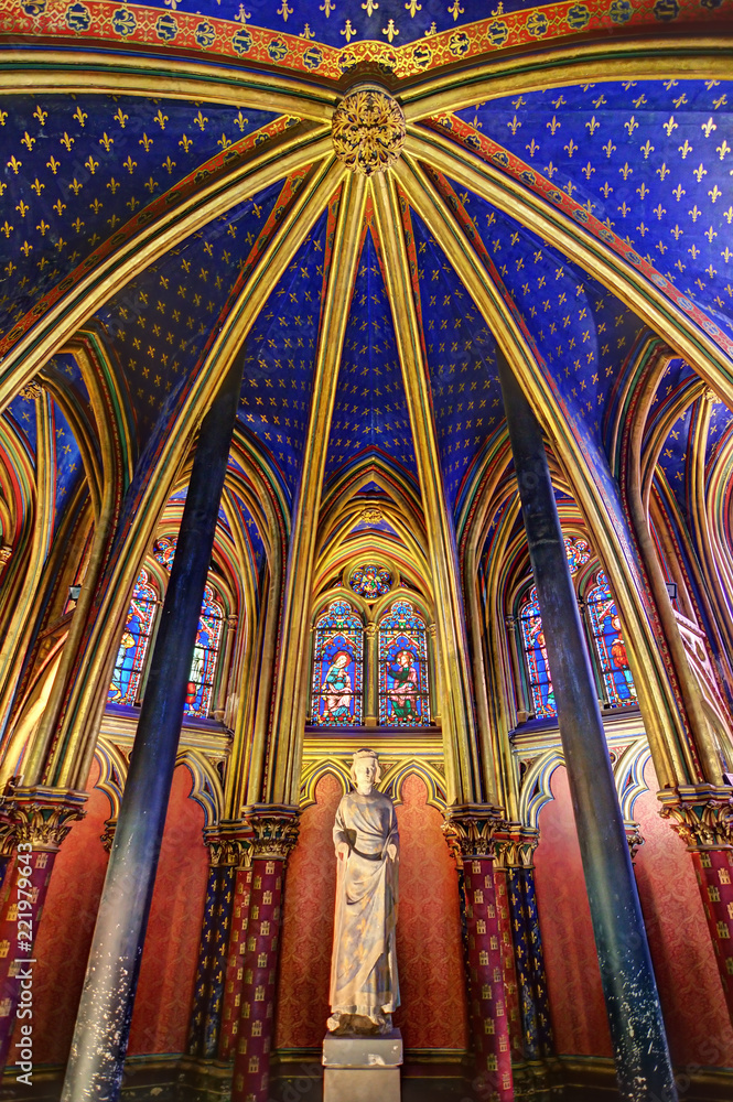 Beautiful lower chapel of the Sainte-Chapelle (Holy Chapel), a royal medieval Gothic chapel in Paris, France, on April 10, 2014
