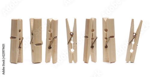 Set close-up clothespins, natural bamboo peg isolated on white background