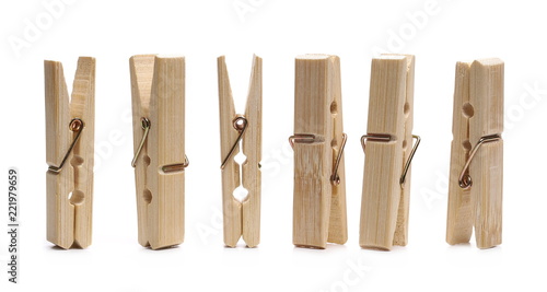 Set close-up clothespins, natural bamboo peg isolated on white background