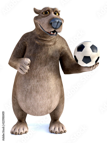 3D rendering of a cartoon bear posing with soccer ball.