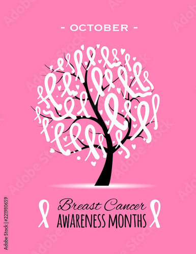 Tree with pink ribbons, breast cancer awareness symbol