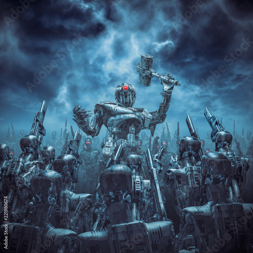 Fototapeta Once more unto the breach / 3D illustration of science fiction scene with robot general holding battle hammer rallying his android troops under a stormy dark sky
