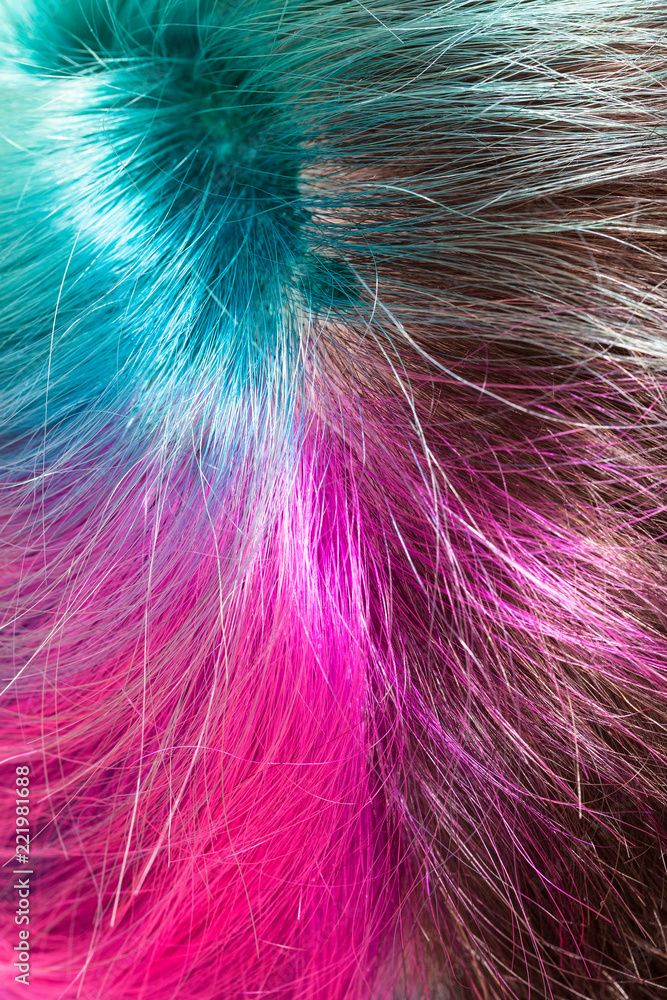 above view of parting of multicolored dyed hairs