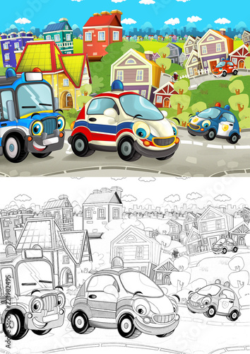 cartoon scene with happy cars smiling in the street - illustration for children