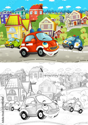 cartoon scene with cars on the street - with coloring page - illustration for children