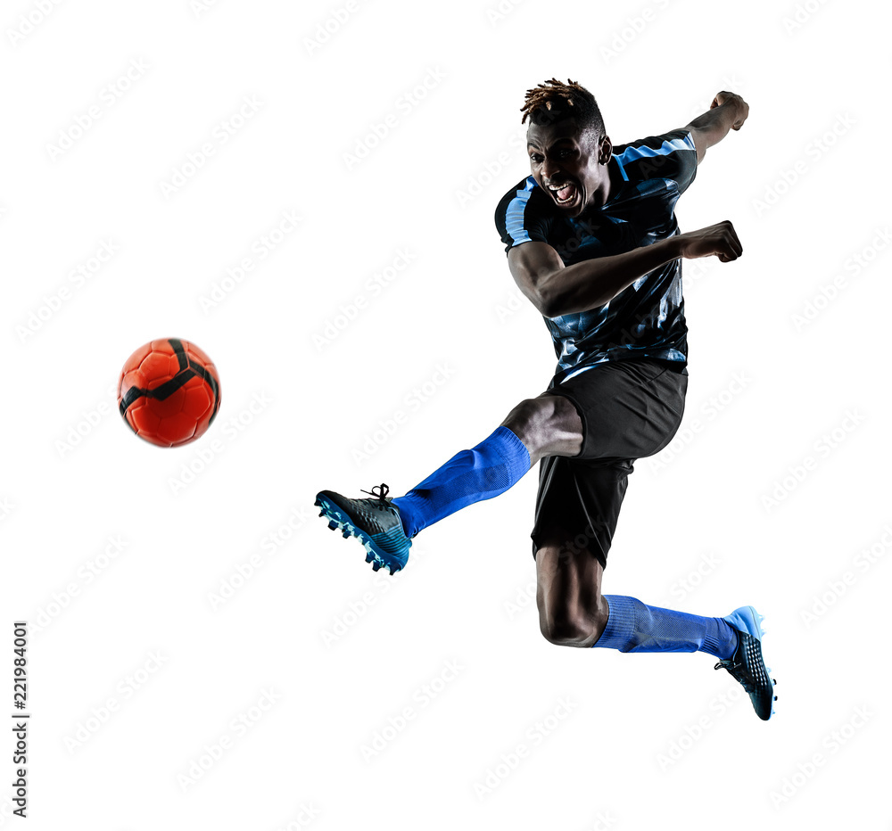 Fototapeta premium one african soccer player man playing in studio isolated on white background