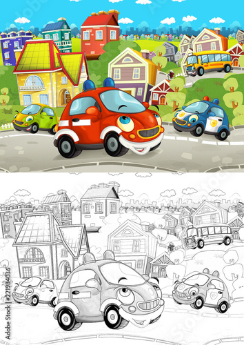 cartoon scene with different vehicles in the city - cars - with artistic coloring page - illustration for children