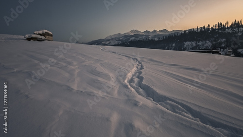 Path in snow and mountains