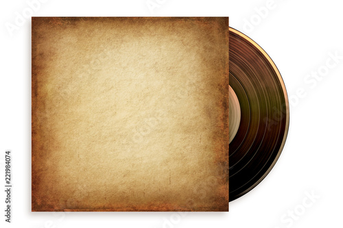 Old grunge vinyl record in a paper case, isolated on white. Path included.