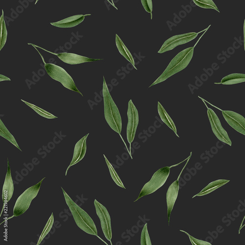 Seamless floral pattern with watercolor green leaves, hand drawn isolated on a dark background