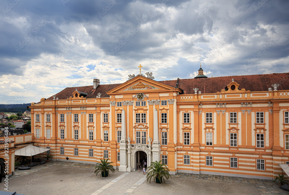Fototapeta premium Aerial view of the Melk Abbey - ancient Benedictine monastery in the town of Melk. Lower Austria, Europe.
