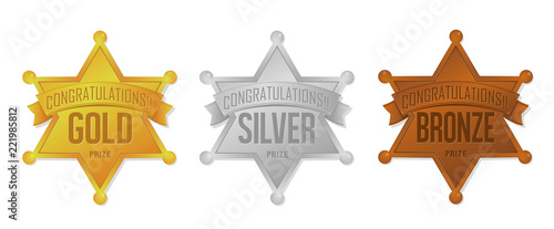 ranking medal icon set ( sheriff badge) . Gold / Silver / Bronze.  photo