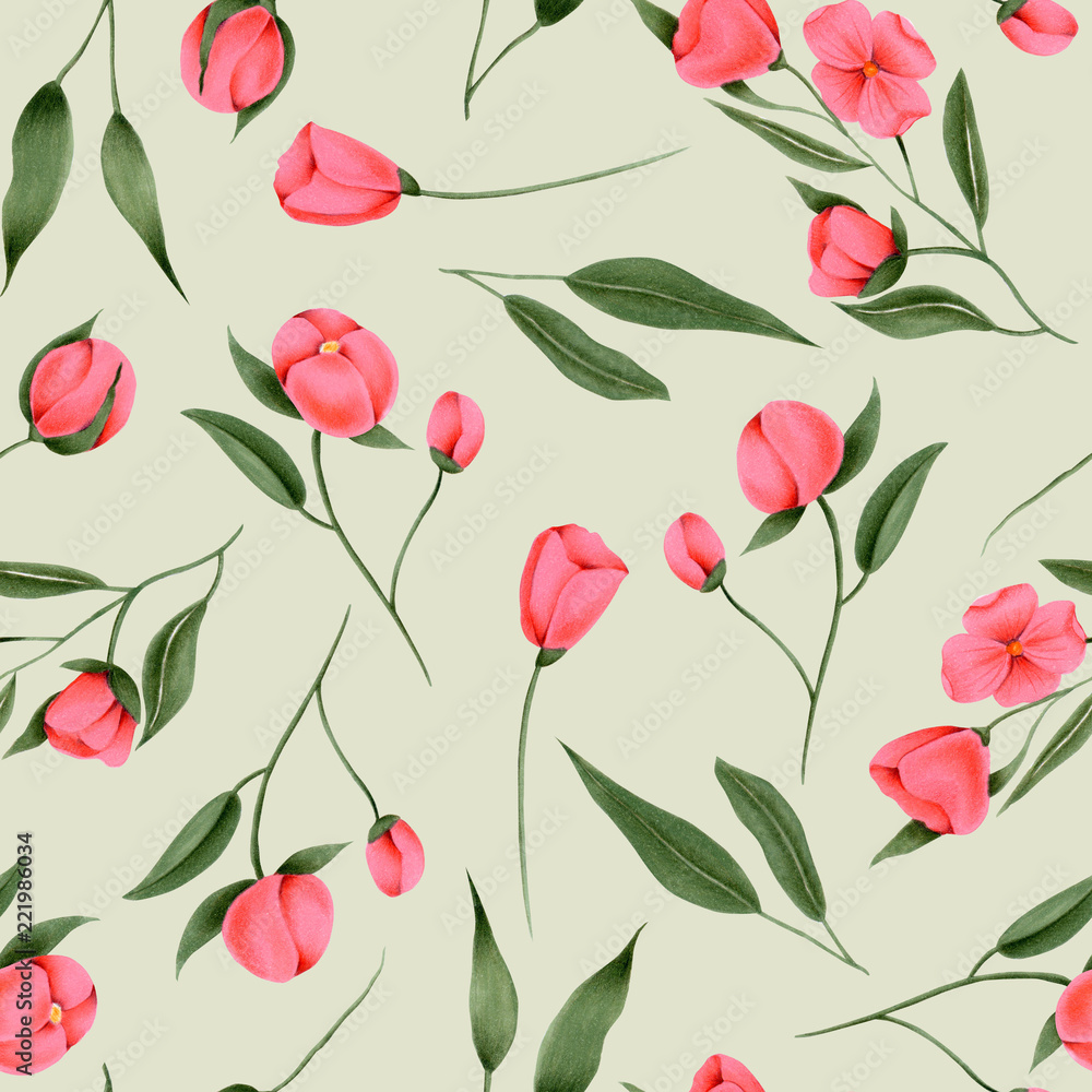 Seamless pattern of hand painted crimson flowers on a grey background Seamless pattern of hand painted crimson flowers on a grey background