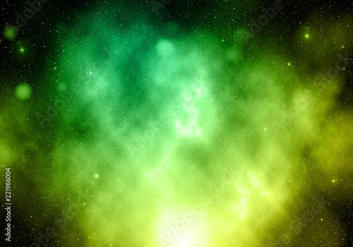 Green and Yellow smoke lights with bokeh elegant show on stage abstract background. Way space galaxy with stars and nebula for background. Dust sparks background.