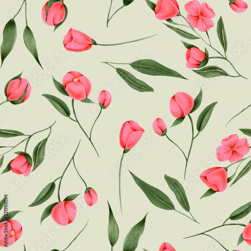 Seamless pattern of hand painted crimson flowers on a grey background