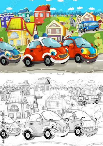 cartoon scene with happy cars on street going through the city - with police  fireman and ambulance vehicles - illustration for children
