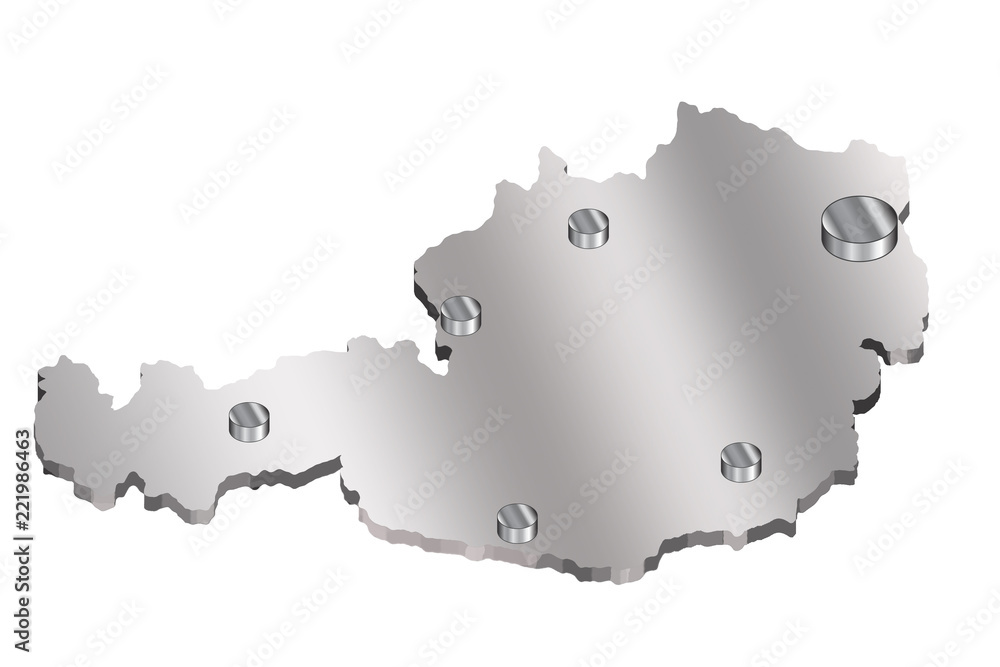 3 d map of Austria with a metal gradient and cylindrical icons of cities