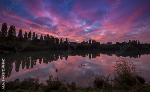 red dawn on lake
