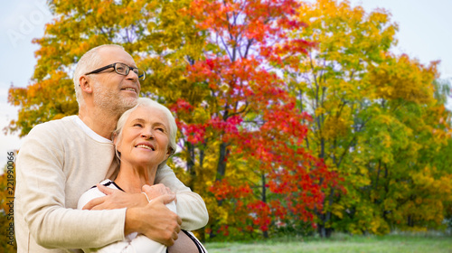 old age, love and people concept - senior couple over autumn park background