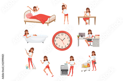 Cute young girl in different situations. Day time. Waking up, doing physical exercises, eating breakfast, taking bath, working, cleaning house, cooking and shopping. Flat vector
