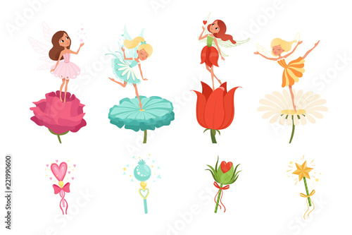 Set of little fairies hovering over beautiful flowers. Cartoon girls dressed in colorful dresses. Cute magical creatures with wings. Magic wands. Flat vector design