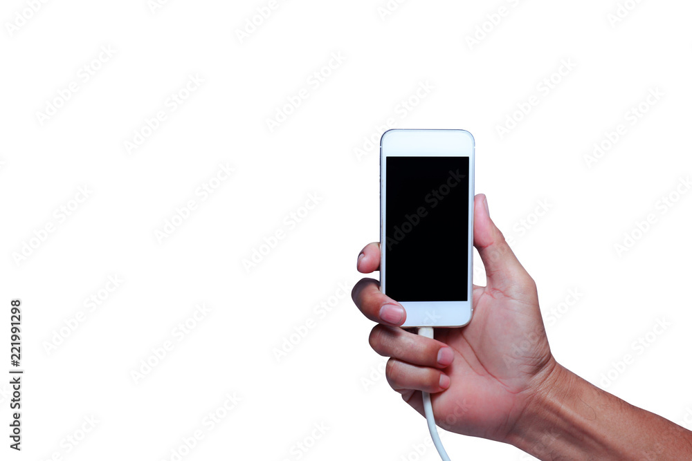 adult hand holding smart phone with electric charger on white background isolated adult hand holding smart phone with electric charger on white background isolated