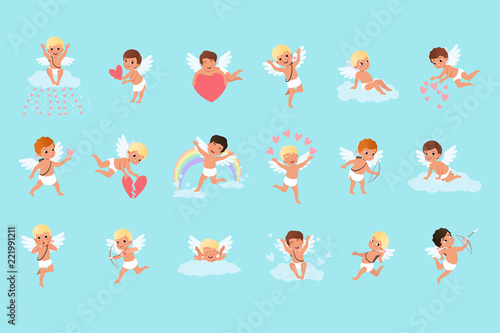 Set of cute cupid boys in different actions. Flying, sitting on clouds, spreading love. Mythical archers. Angels of love with little white wings. Flat vector design photo