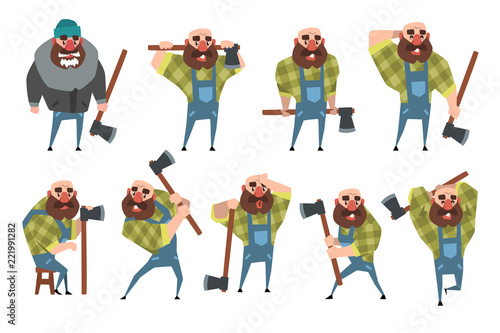 Set of funny bald lumberjack in different poses. Cartoon bearded man with axe. Woodcutter in blue coveralls, hipster plaid shirt, warm jacket, hat. Flat vector design