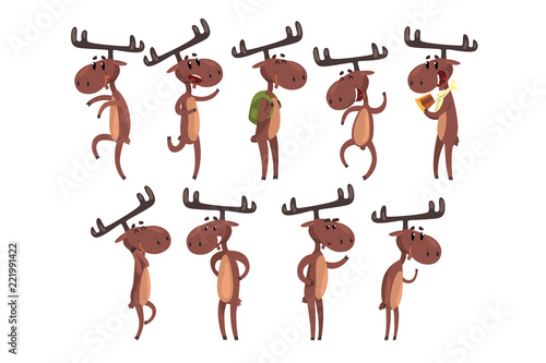 Cartoon set of funny brown moose in various poses. Eurasian elk with big horns Mammal forest animal character. Zoo theme. Flat vector for postcard or children s book