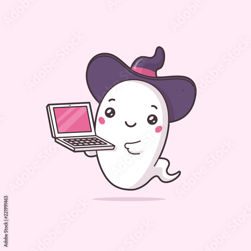 Cute Halloween ghost holding laptop computer vector illustration in cartoon kawaii style