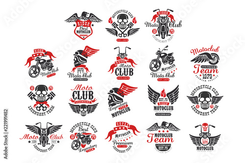 Set of vintage motorcycle club logos, emblems, labels, badges. Monochrome elements with motorbike, skull, eagle and wheel with wing. Vector for t-shirt print or poster