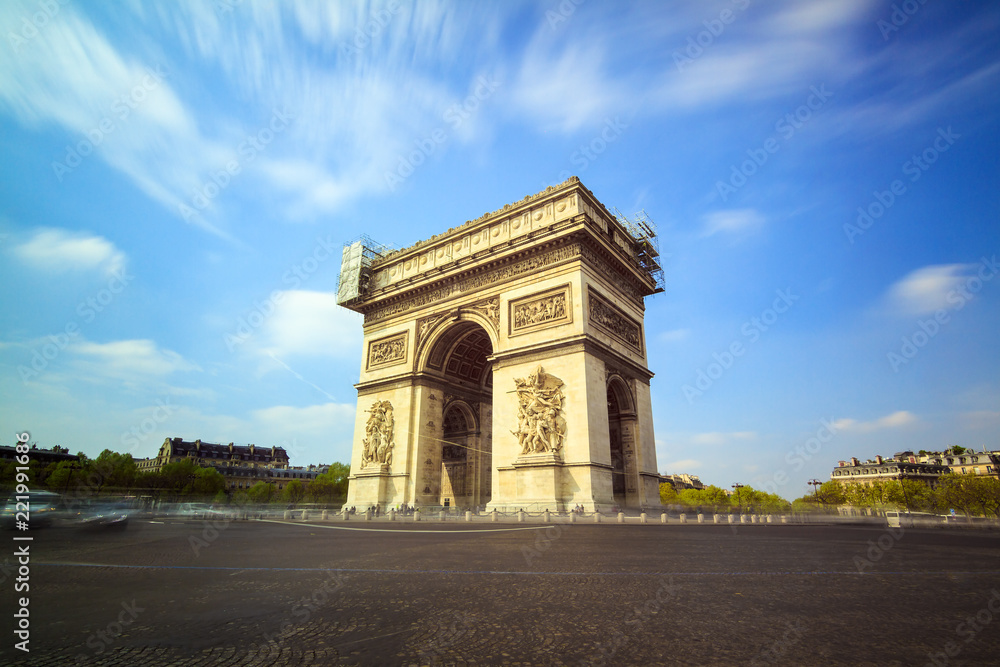 Long exposure view of the Arc du Triomphe at the Place de Gaulle in Paris, France

