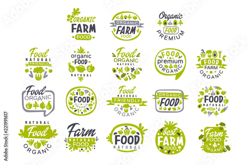 Creative hand drawn gray and green design of organic food logo set. Fresh farm products. Labels for shop or market. Vector collection