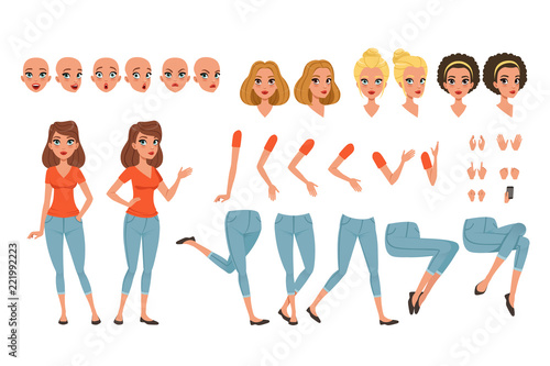 Young woman character creation set, girl with various views, faces, hairstyles, poses and gestures cartoon vector Illustrations