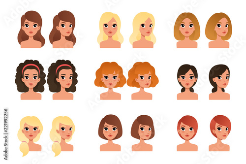 Collection of beautiful young girls with different hairstyles and colors shades long, short, medium, curly, blond, red, black, brunette. Flat vector avatars for mobile game