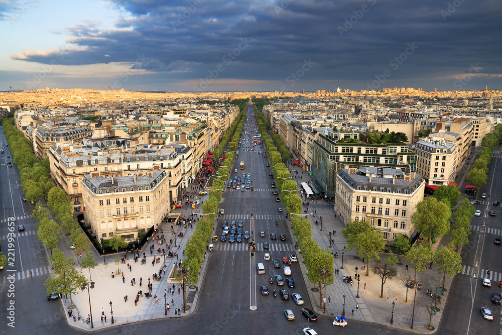 Beautiful view of the shadow of the Arc de Triomphe over the city of Paris, France
