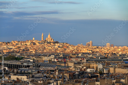 Beautiful skyline view of the Sacre Coeur seen from the Arc de Triomphe in Paris, France 