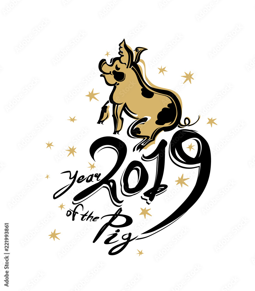 Pig 2019. New Year card. Chinese calendar for the year of pig 2019.