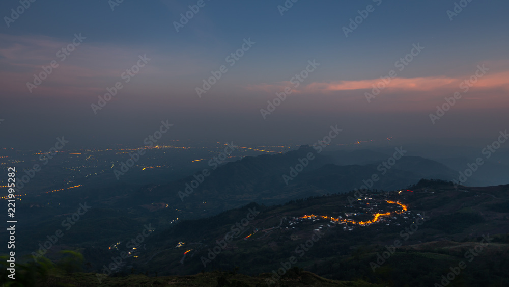 Early winter morning hillside view of city. 