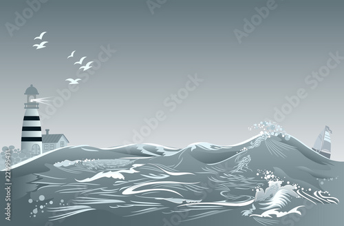 Fantasy abstract background with lighthouse and grey waves. Advertising poster with seascape for maritime company. Vector cartoon image.